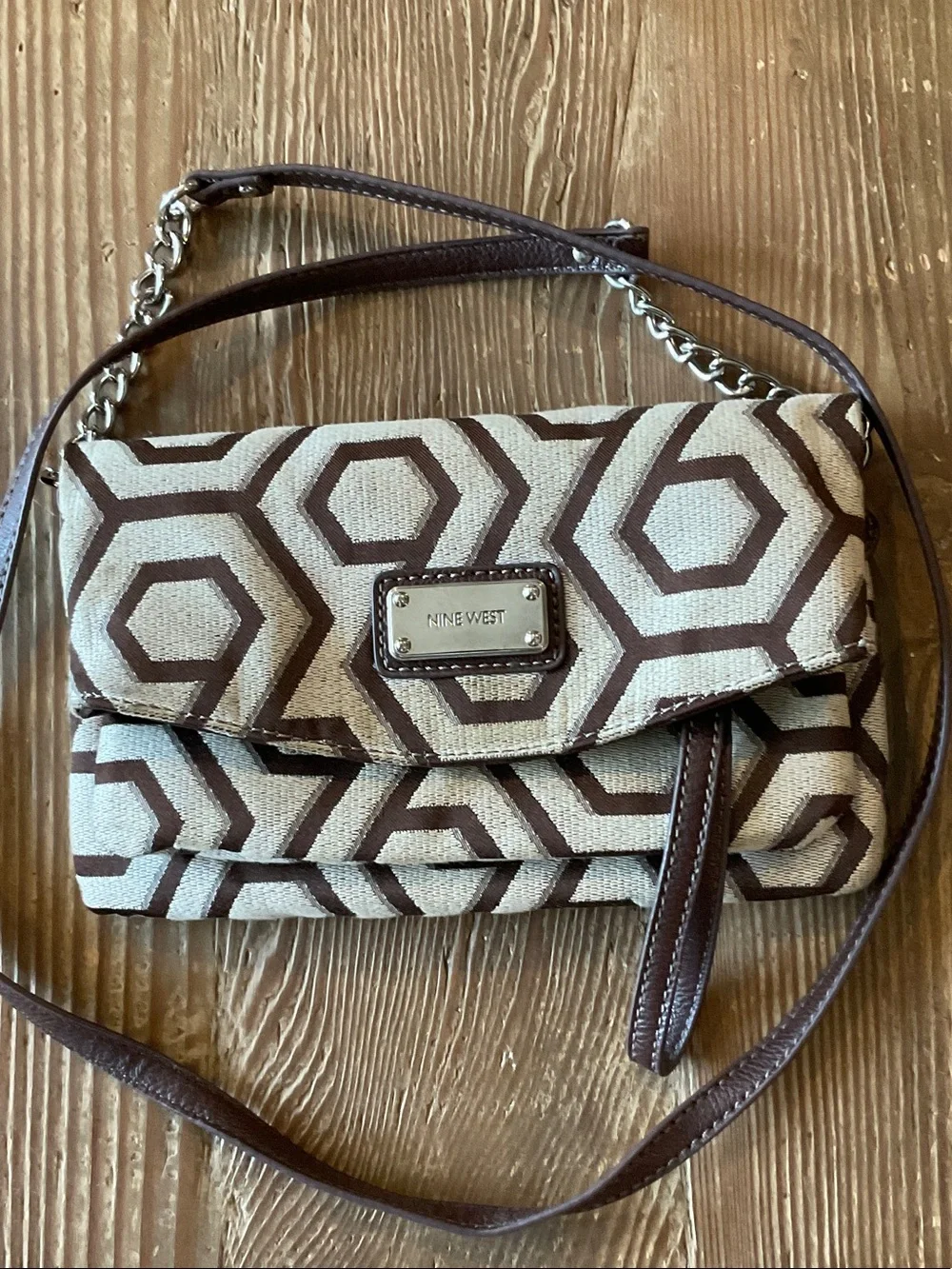 Nine West Brown & Cream Geometric Hexagon Crossbody or wristlet